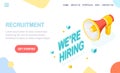 Recruitment. 3d isometric megaphone, loudspeaker with text. Human Resources, HR. Hiring employees. Job interview. Vector design