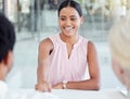 Recruitment, handshake and black woman in hiring interview with hr for marketing job or advertising career. Onboarding Royalty Free Stock Photo