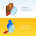 Recruitment, human resources, job seeking. Vector banner with 3d isometric illustration of magnifier, briefcase and man.