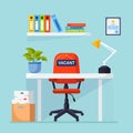 Recruitment. Office interior with desk, chair with sign retired, documents. Retirement. Vacant workplace for worker, employee. Royalty Free Stock Photo