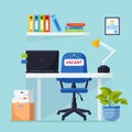 Recruitment. Office interior with desk, chair with sign retired, documents. Retirement. Vacant workplace for worker, employee. Royalty Free Stock Photo