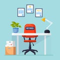 Recruitment. Office interior with desk, chair with sign retired, documents. Retirement. Vacant workplace for worker, employee. Royalty Free Stock Photo