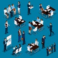 Recruitment process to set isometric business employees on a blue background. Vector illustration