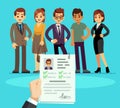 Recruitment. Recruiter choosing candidates with cv resume. Human resource and job interview vector concept