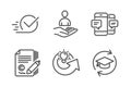 Recruitment, Smartphone sms and Copywriting icons set. Share idea, Checkbox and Continuing education signs. Vector