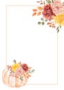 Rectangle border made of fall flowers, leaves and pumpkins, with space for text. Invittaion template. Watercolor autumn Royalty Free Stock Photo