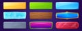 Rectangle buttons with golden, wooden and water textures for ui game design. Vector cartoon set of glossy labels from ice