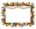 Rectangle christmas frame for card or invitation with poinsettia, lollipop, candy, gingerbread, berry, branches garland.