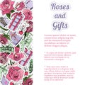 Rectangle composition of hand draw and color sketch of pink rose flowers and leaves, sweetmeat, bowes and other gifts. Royalty Free Stock Photo