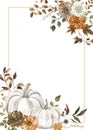 Rectangle corner border with fall flowers, leaves and pumpkins, with space for text. Fall themed frame
