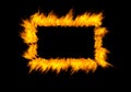 Rectangle, flame and heat on black background with color, texture and pattern of burning energy. Fire frame, fuel or