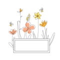Rectangle frame with honey flowers and bees. Cartoon vector illustration, continuous line drawing style Royalty Free Stock Photo