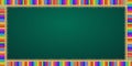 Rectangle frame made of colorful pencils on green blackboard background and copy space. Royalty Free Stock Photo