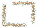 Rectangle frame with Sea buckthorn branches. Sandthorn, sallowthorn. Orange berries, green leaves. Watercolor illustration