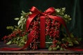 rectangle gift box adorned with bunch of mistletoe and velvet ribbon