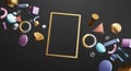Rectangle Gold Frame. Blank Space Banner on Dark Background. Stylish 3D Rendering Object