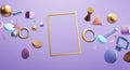 Rectangle Gold Frame. Blank Space Banner on Purple Background. Stylish 3D Rendering Object