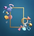 Rectangle Gold Frame. Blank Space on Dark Turquoise Background. Stylish 3D Rendering Object