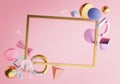 Rectangle Gold Frame. Blank Space on Pink Background. Stylish 3D Rendering Object