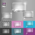 Rectangle set of glass speech bubble icons with soft shadow on gradient background . Vector illustration EPS 10 for web.