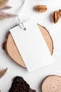 Rectangle white tag mockup on a white background with cotton string and boho decoration, dry plants, element for packing
