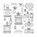 Rectangular antique glass perfume bottles with antique caps and lettering. Set of fashion sketches. Vector illustration Royalty Free Stock Photo