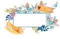 Rectangular asymmetric frame with angels and flowers. Hand drawn watercolor. Royalty Free Stock Photo