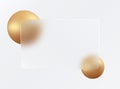 Rectangular banner or card made of transparent frosted glass. Golden spheres on a white background. A realistic form of Royalty Free Stock Photo