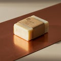A rectangular bar of handmade soap with a beige and speckled appearance rests on a Royalty Free Stock Photo