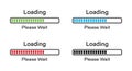 Rectangular bar loading please wait symbol icon set in four different colors.