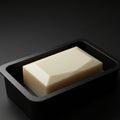 A rectangular bar of soap with geometric facets rests in a matte black plastic soap dis Royalty Free Stock Photo