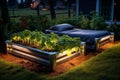 Rectangular beds strawberry garden lights. Generate Ai