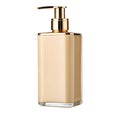 Rectangular beige lotion dispenser with gold pump and accents on white bottle liquid Royalty Free Stock Photo