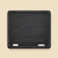 A rectangular, black chalkboard with a thin black frame is mounted on a light beige wall. The board Royalty Free Stock Photo