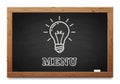 Rectangular black chalkboard with a wooden frame. A chalk-drawn light bulb is depicted at the Royalty Free Stock Photo
