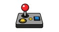 A rectangular black video game joystick with red button and three yellow buttons plus small blue screen for gaming Royalty Free Stock Photo