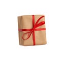 Rectangular box wrapped in brown paper and tied with a red bow, gift isolated on white background Royalty Free Stock Photo