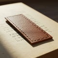 A rectangular brown leather bookmark rests on an open book. The bookmark features Royalty Free Stock Photo