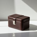 Rectangular brown leather case with a lid, featuring a silver metal latch and lock on the Royalty Free Stock Photo