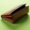 Rectangular brown leather wallet on a light green textured surface. The wallet has Royalty Free Stock Photo