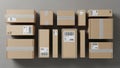 Rectangular cardboard boxes are arranged neatly on a flat surface. All boxes have shipping labels Royalty Free Stock Photo
