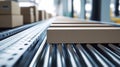 Cardboard boxes glide smoothly on a roller conveyor, showcasing sustainable packaging in a modern industry setting Royalty Free Stock Photo