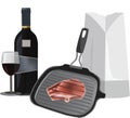 rectangular cast iron grill pot with steak and wine-