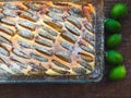 Rectangular cheesecake with feijoa and raspberries in a glass form