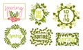 Rectangular and Circular Frames and Borders with Green Twigs and Pink Flowers Vector Set Royalty Free Stock Photo