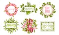 Rectangular and Circular Frames and Borders with Green Twigs and Pink Flowers Vector Set Royalty Free Stock Photo