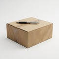 Corrugated cardboard box with a pen resting on top, situated Royalty Free Stock Photo