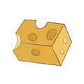 Rectangular cut piece of yellow hard cheese with large round holes. Appetizing beautiful royal cheeses. Simple linear food icon