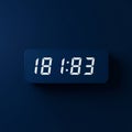 Rectangular digital clock displaying 18:03 in white LED digits, set against a dark blue Royalty Free Stock Photo