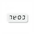 Rectangular digital clock features a white casing and displays \
